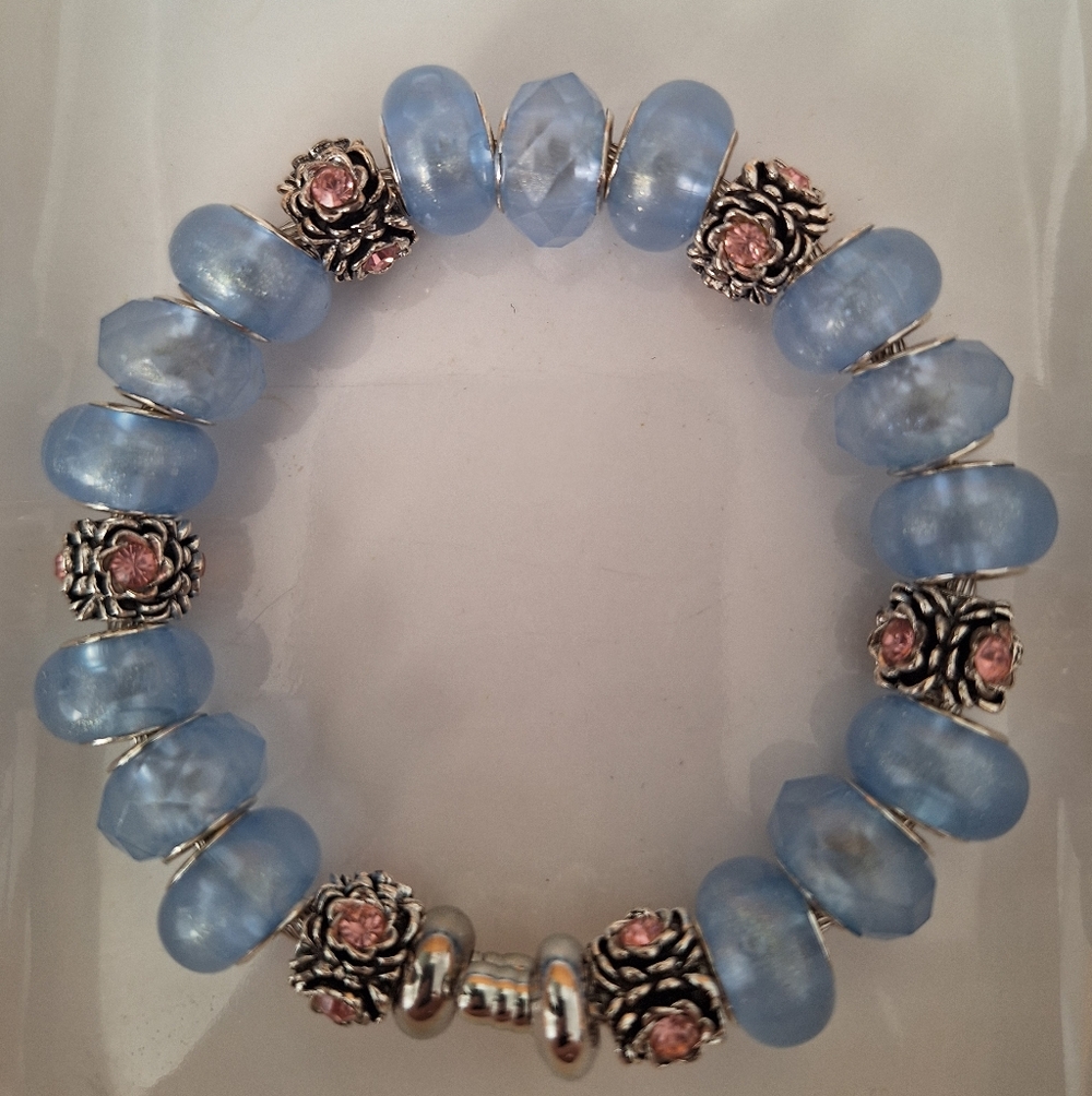 Elegant, Handmade Glass Blue Beaded Bracelet With Silver Encased Pink Gem Stones